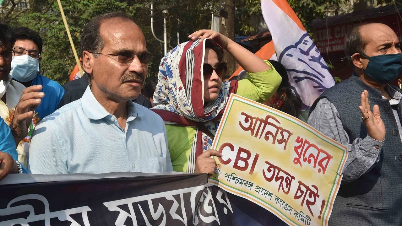 West Bengal Pradesh Congress President Adhir Ranjan Chowdhury with party leaders and workers takes part in a protest over the Anish Khan murder case, in Kolkata. Credit: PTI Photo