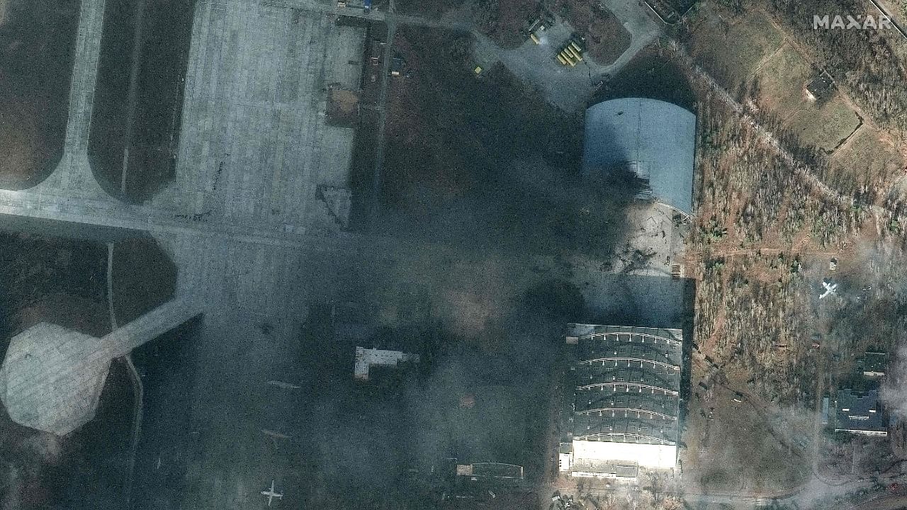 Oerview of damage caused by recent airstrikes and heavy fighting in and around the Antonov airport at Gostomel, north-west of Kyiv. Credit: AFP Photo