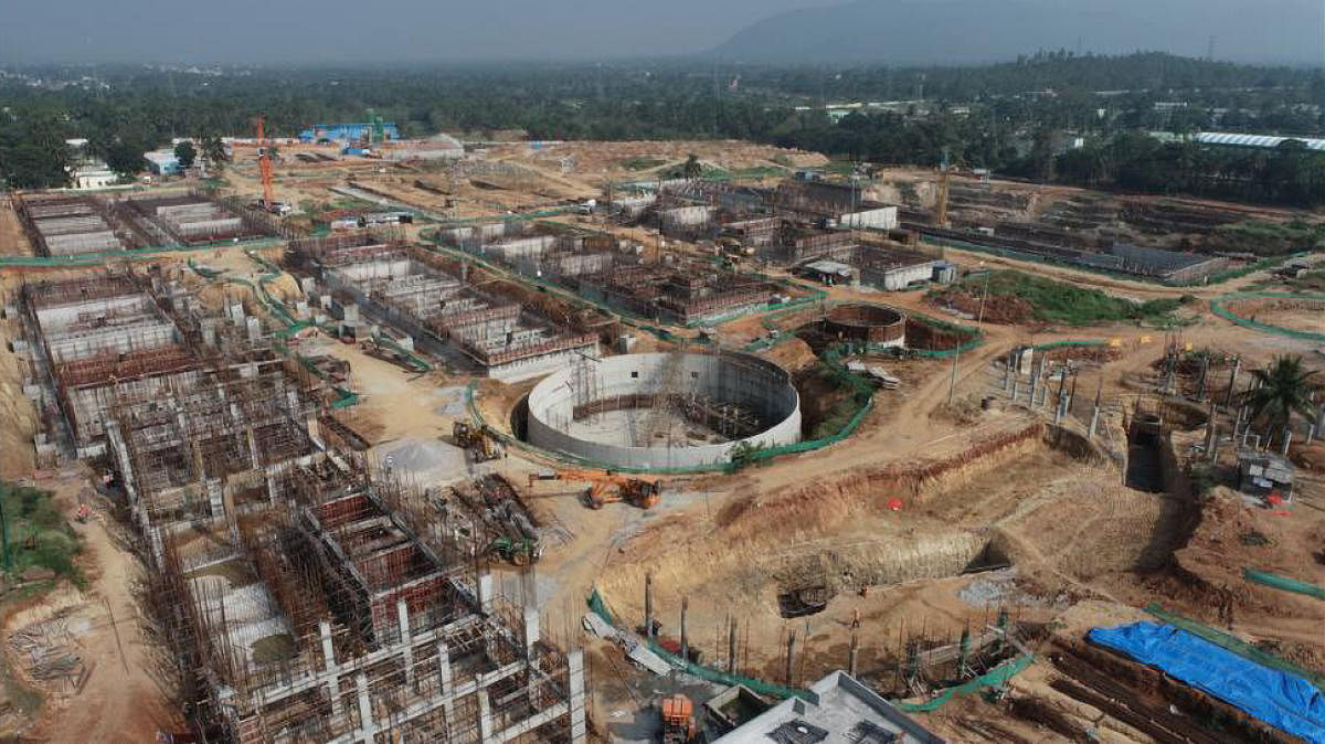 Construction of the 775-MLD water treatment plant at TK Halli under the Cauvery Stage V project. Credit: DH Photo