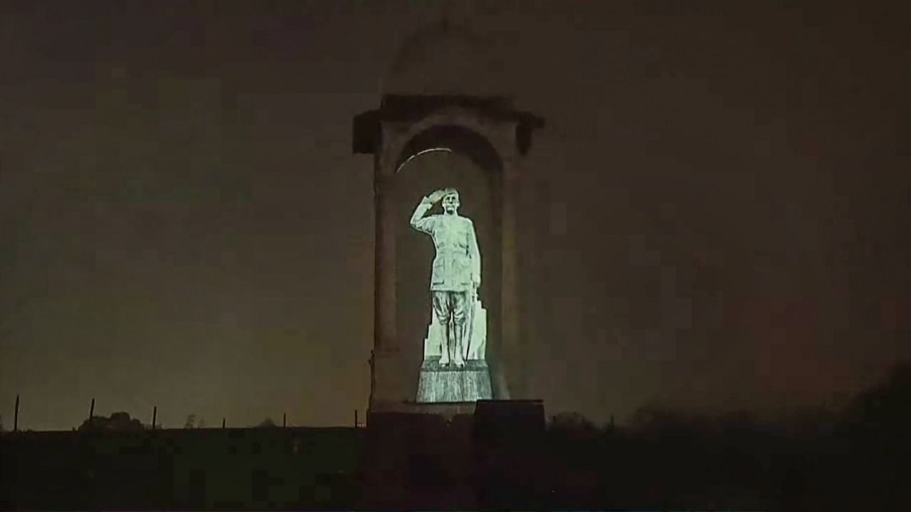 A hologram statue of Netaji Subhas Chandra Bose being unveiled by Prime Minister Narendra Modi (unseen) on 'Parakram Diwas', at a programme in New Delhi. Credit: PTI File Photo