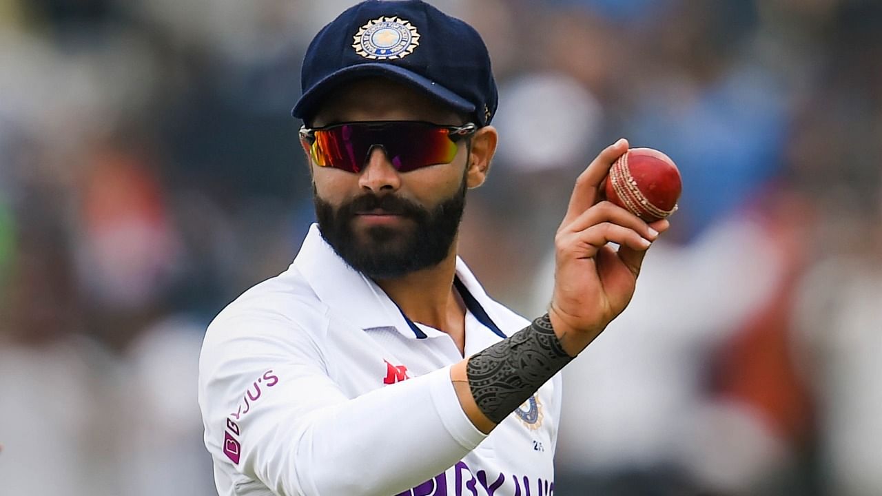 India’s Ravindra Jadeja celebrates after taking five wickets in Sri Lanka's first inning during the 3rd day of the 1st cricket test match between India and Sri Lanka, at IS Bindra PCA Stadium, Mohali, Sunday, March 6, 2022. Credit: PTI Photo