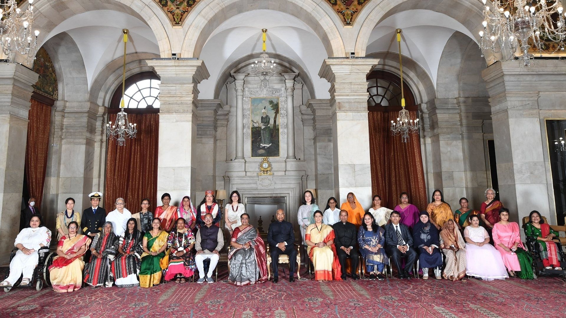 President Ram Nath Kovind with the recipients of Nari Shakti Puraskar for the years 2020 and 2021 on the occasion of International Women's Day, at Rashtrapati Bhawan in New Delhi. Credit: Twitter/ @rashtrapatibhvn