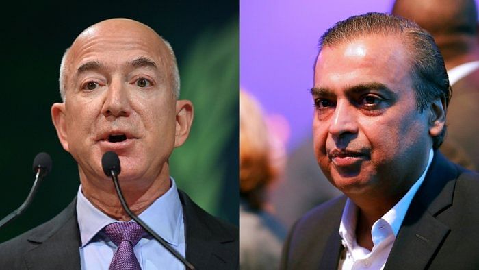 Amazon founder Jeff Bezos (L) and Reliance Industries Chairman Mukesh Ambani. Credit: Reuters File Photos