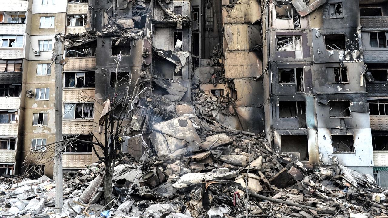 Remnants of a building following an air strike in Kharkiv. Credit: AFP Photo