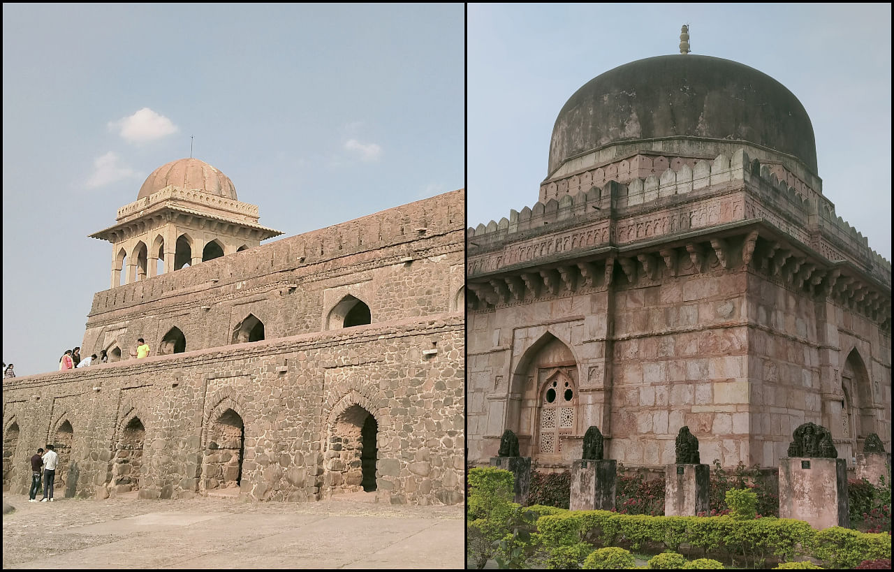 Rani Roopmati pavilion in Mandu one of the highest points in the region in the entire valley and Baz Bahadur's Palace (Left) and Chhapan Mahal in Mandu, a mausoleum constructed in 16th century AD (Right). Credit: Nivi Shrivastava