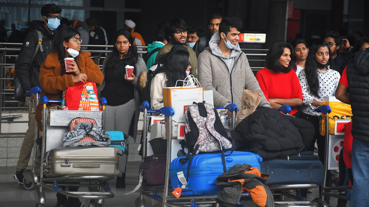 Indian students, stranded in Ukraine amid Russia-Ukraine conflict, arrive at IGI Airport in New Delhi. Credit: PTI Photo