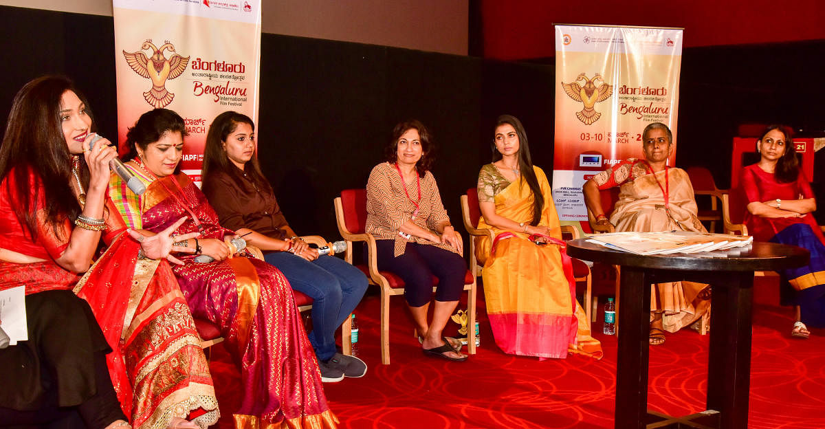 Actor Rituparna Sengupta speaks at a session on ‘Women in Cinema’ organised as part of the 13th edition of the Bengaluru International Film Festival (BIFFes) in Bengaluru on Tuesday. Costume designer and director Roshni Dinaker, editor Preethi Mohan. Credit: DH Photo