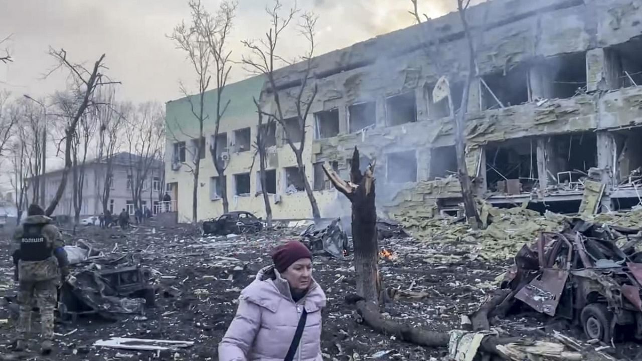 This image taken from video issued by Mariupol City Council shows the aftermath of Mariupol Hospital after an attack, in Mariupol. Credit: AP/PTI Photo