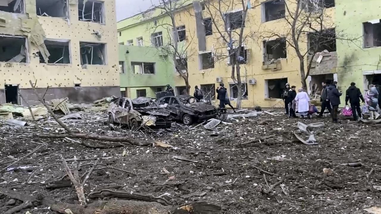 This image taken from video issued by Mariupol City Council shows the aftermath of Mariupol Hospital after an attack, in Mariupol. Credit: AP/PTI Photo