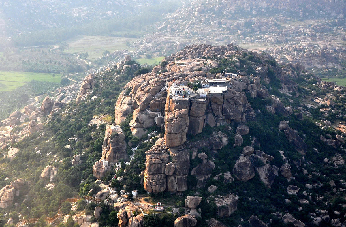 An aerial view of the scenic Anjanadri Hill in Koppal District of Karnataka. Credit: DH Photo/Shashikanth S Shembelli