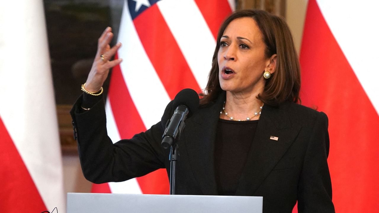 US Vice President Kamala Harris speaks during a press conference with the Polish President at Belwelder Palace in Warsaw, Poland, March 10, 2022. Credit: AFP Photo