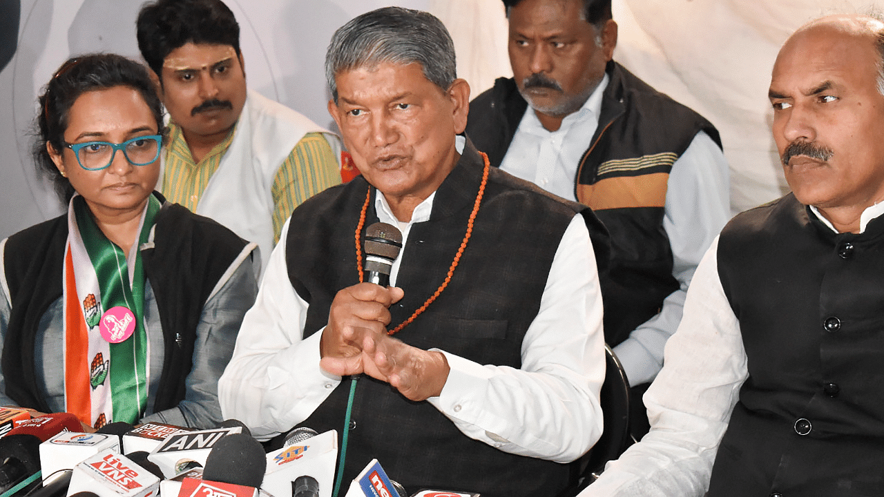 Congress leader Harish Rawat speaks during a press conference, in Varanasi. Credit: PTI Photo