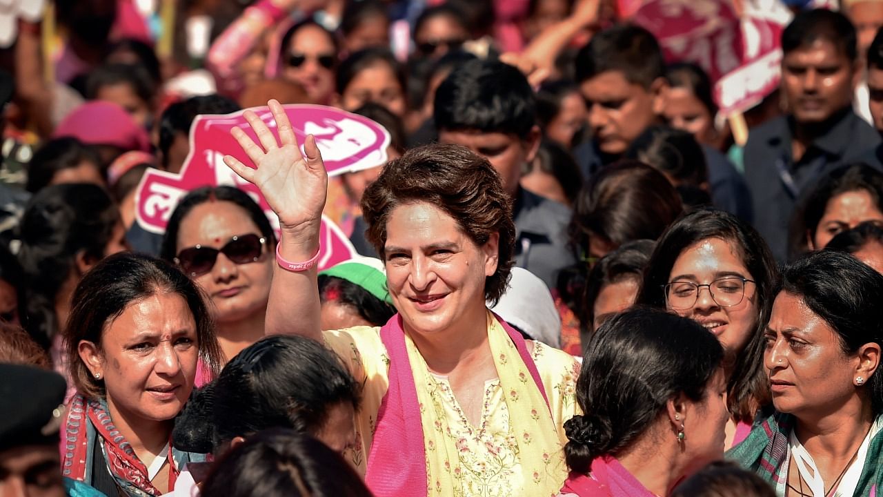 AICC General Secretary Priyanka Gandhi Vadra participates in a women's march on the occasion of International Women's Day, in Lucknow, Tuesday, March 8, 2022. Credit: PTI Photo