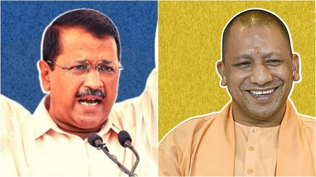 AAP chief Arvind Kejriwal and UP CM Yogi Adityanath. Credit: DH Creative