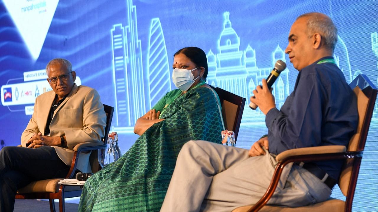 (From left) R K Misra, co-founder, Yulu, V Manjula, Commissioner, Directorate of Urban Land Transport, and Ashwin Mahesh, Social Technologist at the session on 'Share and Clean: Shaping a Citizen – Centric Future of Mobility.' Credit: DH photo