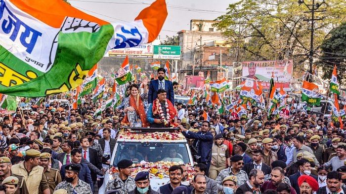 Priyanka Gandhi Vadra during a roadshow in the run-up to the polls. Credit: PTI Photo