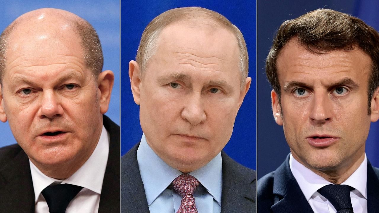 German Chancellor Olaf Scholz, Russia's President Vladimir Putin and French President Emmanuel Macron. Credit: AFP Photo
