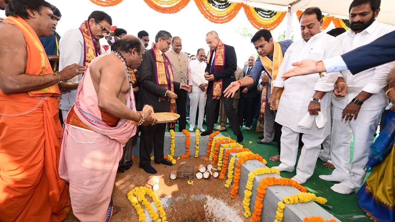 Chief Justice of India N V Ramana on Saturday laid the foundation stone for the construction of a new building of the International Arbitration and Mediation Centre. Credit: Twitter/@MinisterKTR