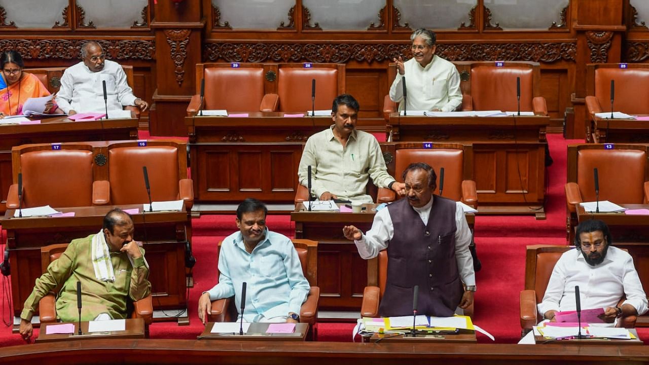 Rural Development and Panchayat Raj Minister K S Eshwarappa replies to a question in Legislative Council on Friday. Credit: DH photo