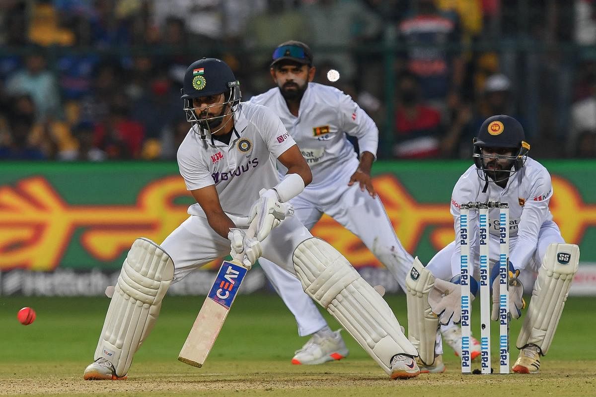 Indian batter Shreyas Iyer in action against Sri Lanka. Credit: AFP Photo