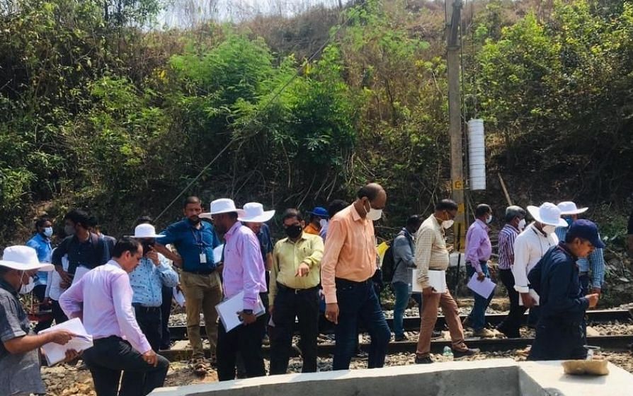 A team of officials led by Commissioner of Railway Safety , Southern Circle, Bengaluru Abhai Kumar Rai conducted a preliminary inspection in the newly laid 2.26 -km railway line between Padil - Kulashekara on Saturday.  Credit: Special arrangement