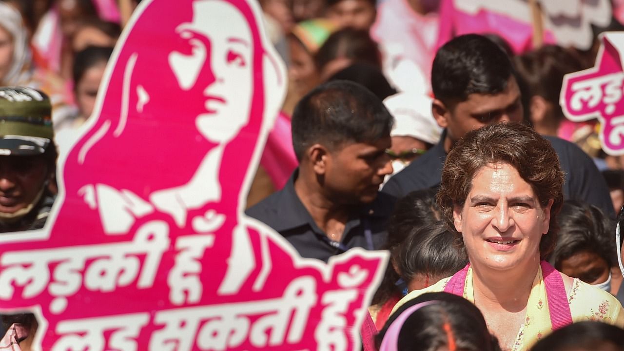 AICC General Secretary Priyanka Gandhi Vadra participates in a women's march on the occasion of International Women's Day, in Lucknow. Credit: PTI Photo