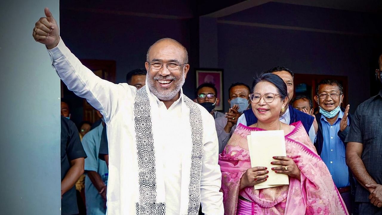 Biren Singh met Governor La Ganeshan at Raj Bhawan and tendered his resignation on March 11. Credit: PTI Photo