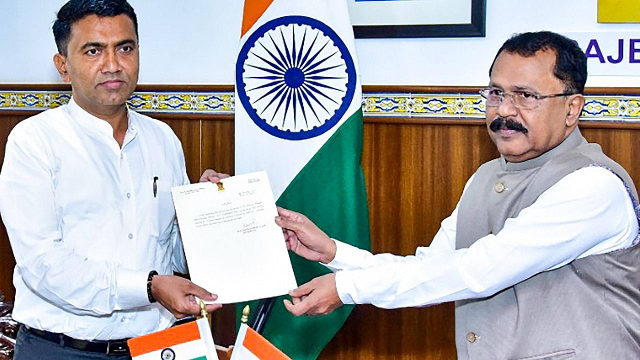 Goa Chief Minister Pramod Sawant submits his resignation to Goa Governor P.S. Sreedharan Pillai to complete the procedure of forming the new government of Goa, at Raj Bhavan in Panaji. Credit: PTI Photo