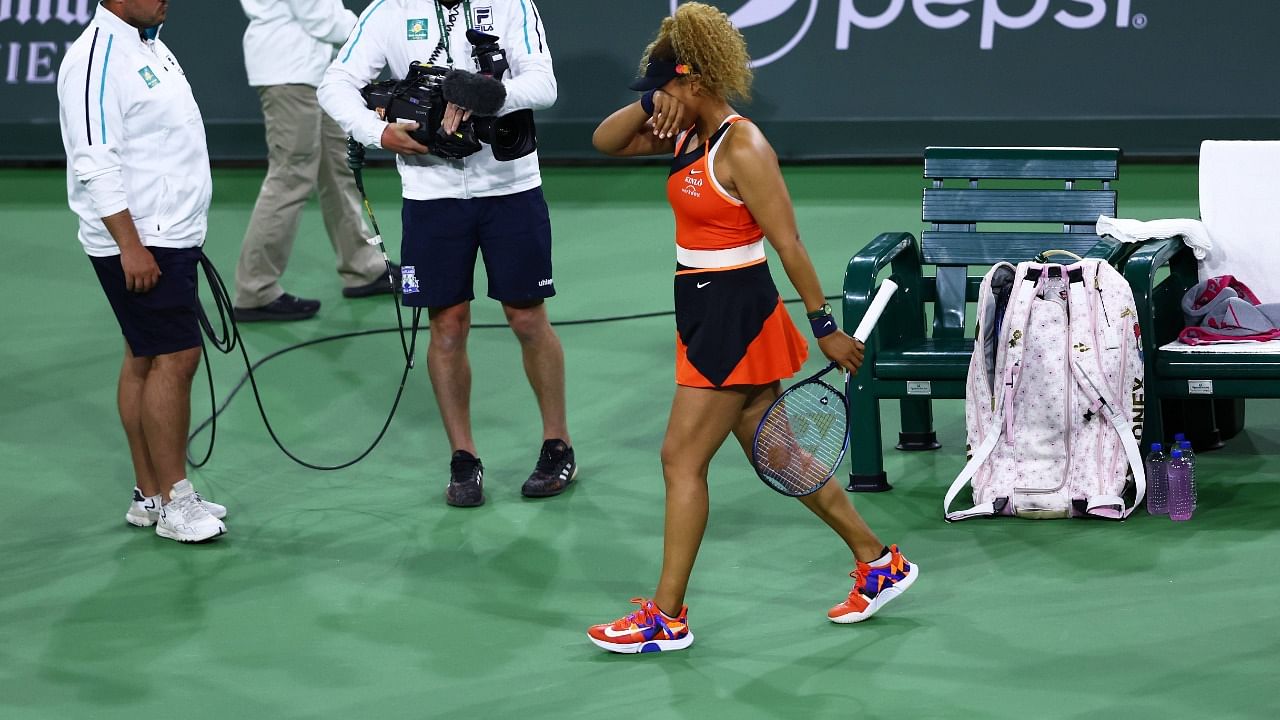 Naomi Osaka of Japan walks back to the baseline after becoming upset from a comment made by a spectator whilst playing against Veronika Kudermetova of Russia. Credit: AFP Photo
