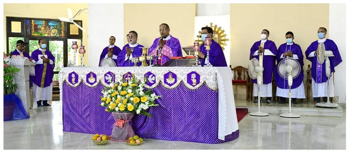 Bishop of Mangalore Diocese and the president of FMCI Dr Peter Paul Saldanha takes part in the thanksgiving mass held to observe Founder’s Day at Fr Muller Charitable Institutions in Mangaluru.