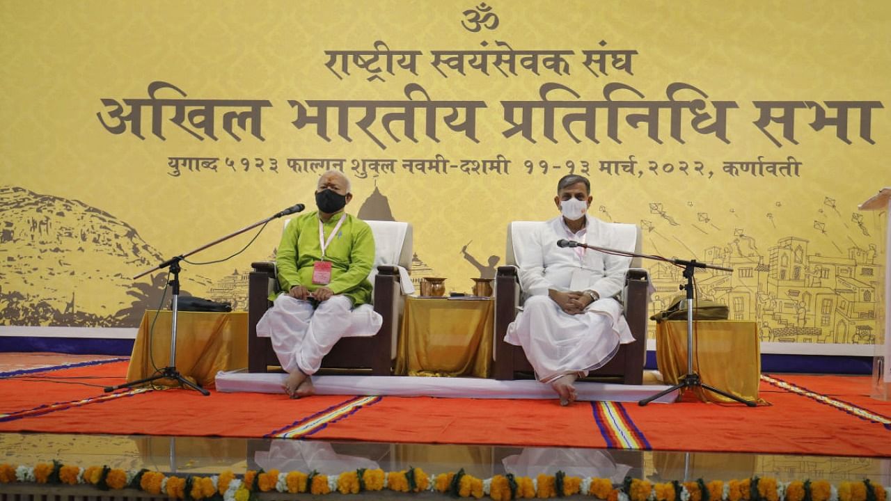 Rashtriya Swayamsevak Sangh (RSS) Chief Mohan Bhagwat during the inauguration ceremony of three day (pratinidhi) representatives meeting, in Ahmedabad district, Friday, March 11, 2022. Credit: PTI Photo