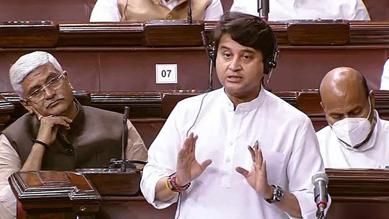 Civil Aviation Minister Jyotiraditya Scindia speaks in the Rajya Sabha. Credit: PTI Photo