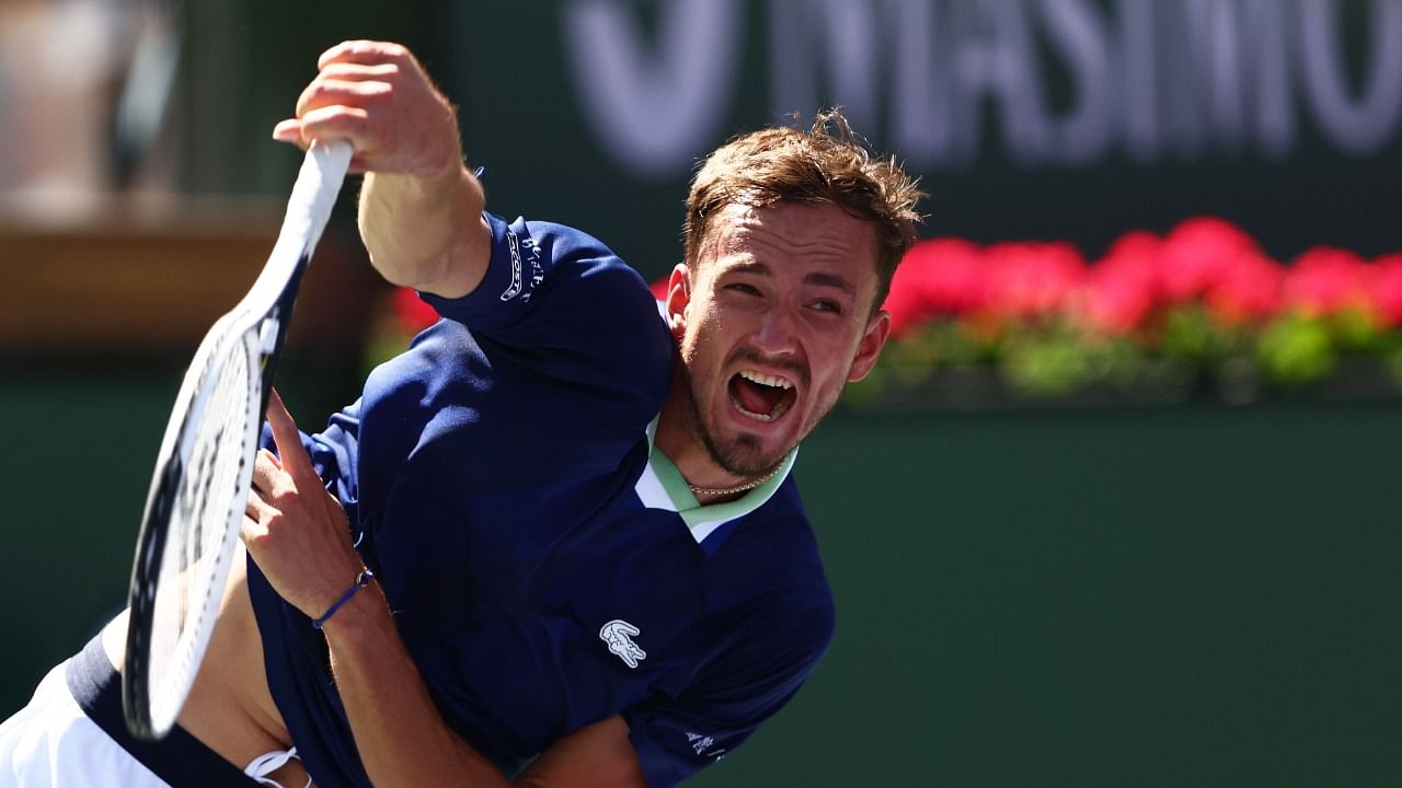Daniil Medvedev of Russia serves against Gael Monfils of France in their third round match on Day 8 of the BNP Paribas Open at the Indian Wells Tennis Garden. Credit: AFP Photo