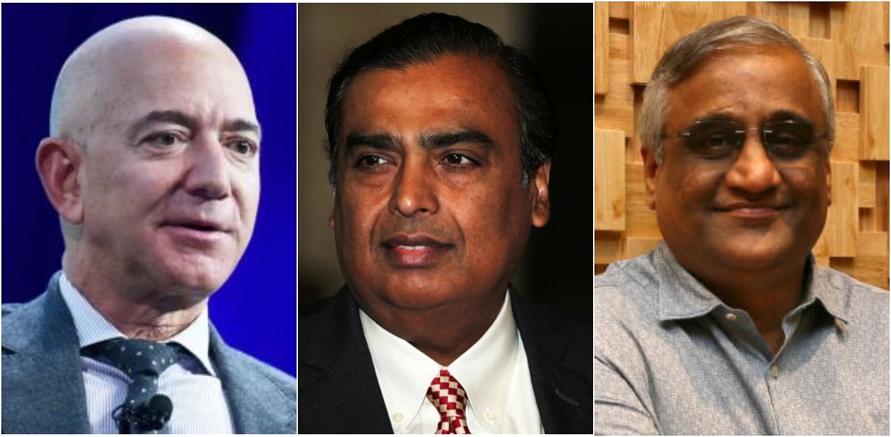 Jeff Bezos, Mukesh Ambani and Kishore Biyani. Credit: Agencies