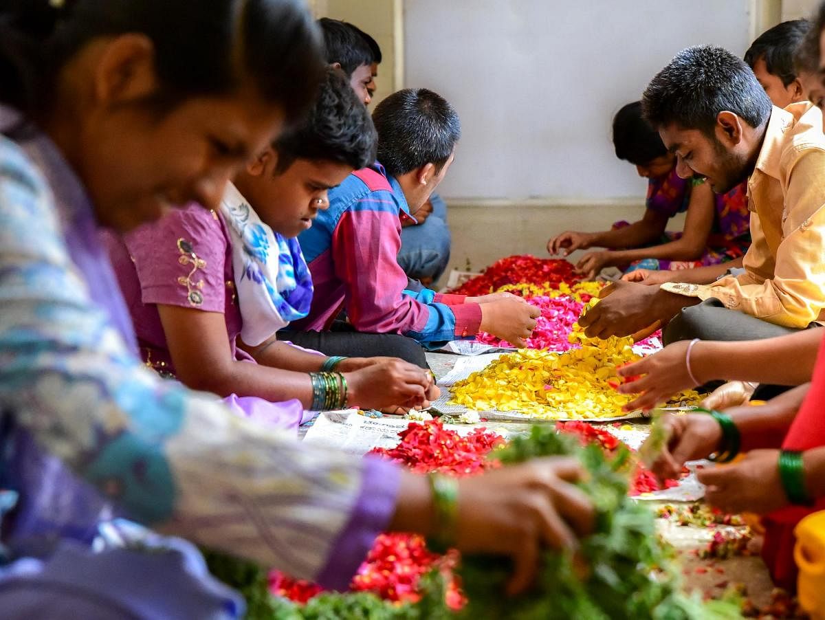 Craftizen Foundation, Indiranagar, sells colours made from used flowers from temples and wedding halls. The colours are made by a group of adults with intellectual disabilities.