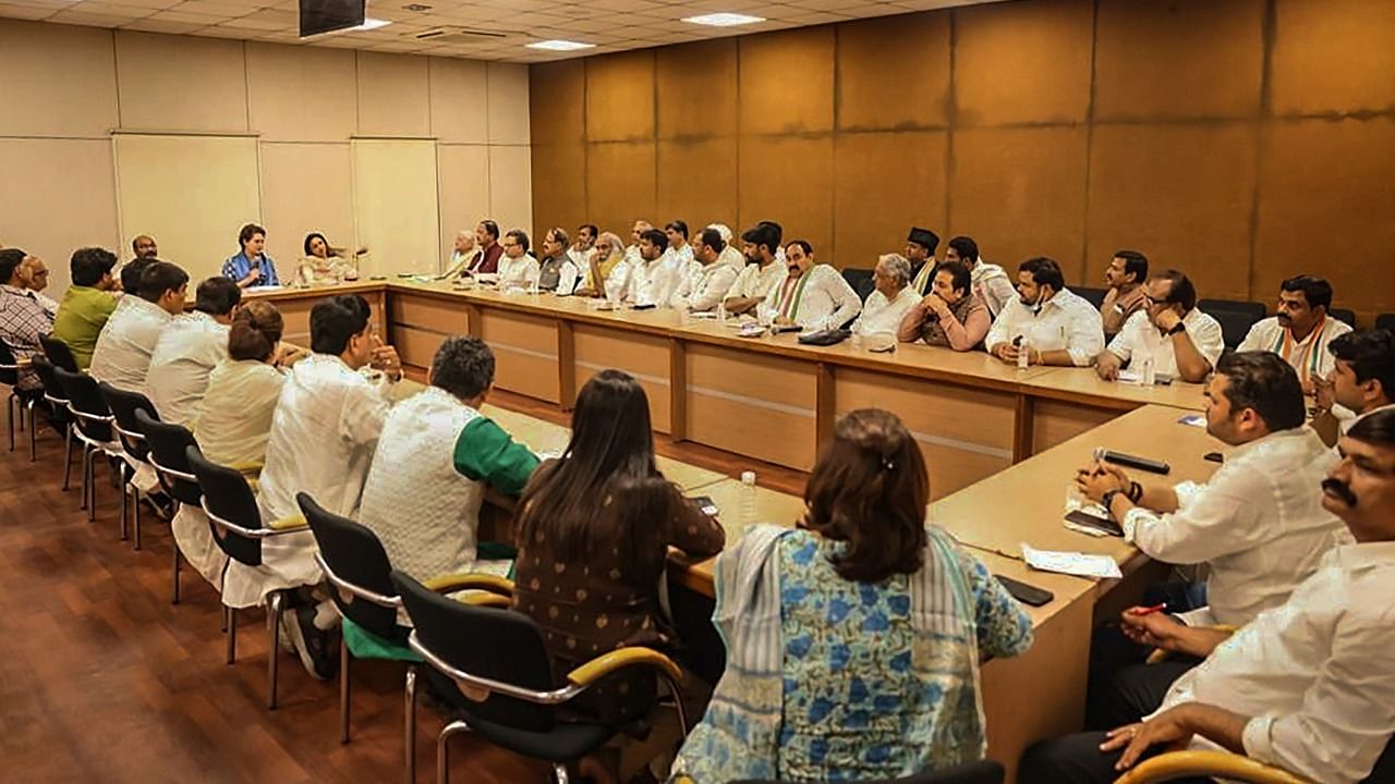 AICC General Secretary and Congress Uttar Pradesh in-charge Priyanka Gandhi chairs a review meeting after party's debacle in recent Uttar Pradesh Assembly elections. Credit: PTI Photo