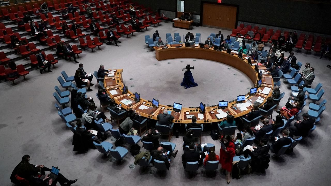 A general view shows a United Nations Security Council meeting, amid Russia's invasion of Ukraine, at the United Nations Headquarters in New York City, US, March 17, 2022. Credit: Reuters Photo