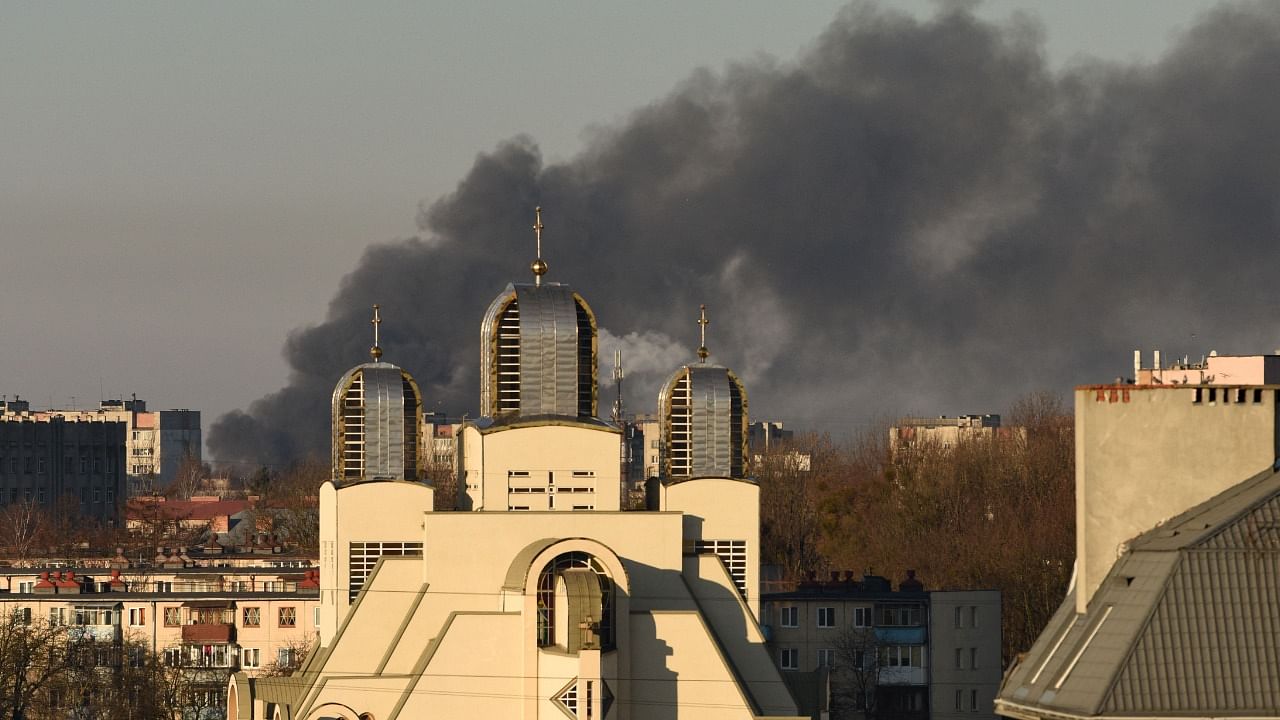 Smoke rises after an explosion in the western Ukrainian city of Lviv. Credit: AFP Photo