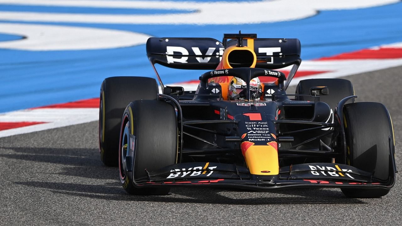 Red Bull's Max Verstappen drives during the first practice session of the Bahrain GP. Credit: AFP photo