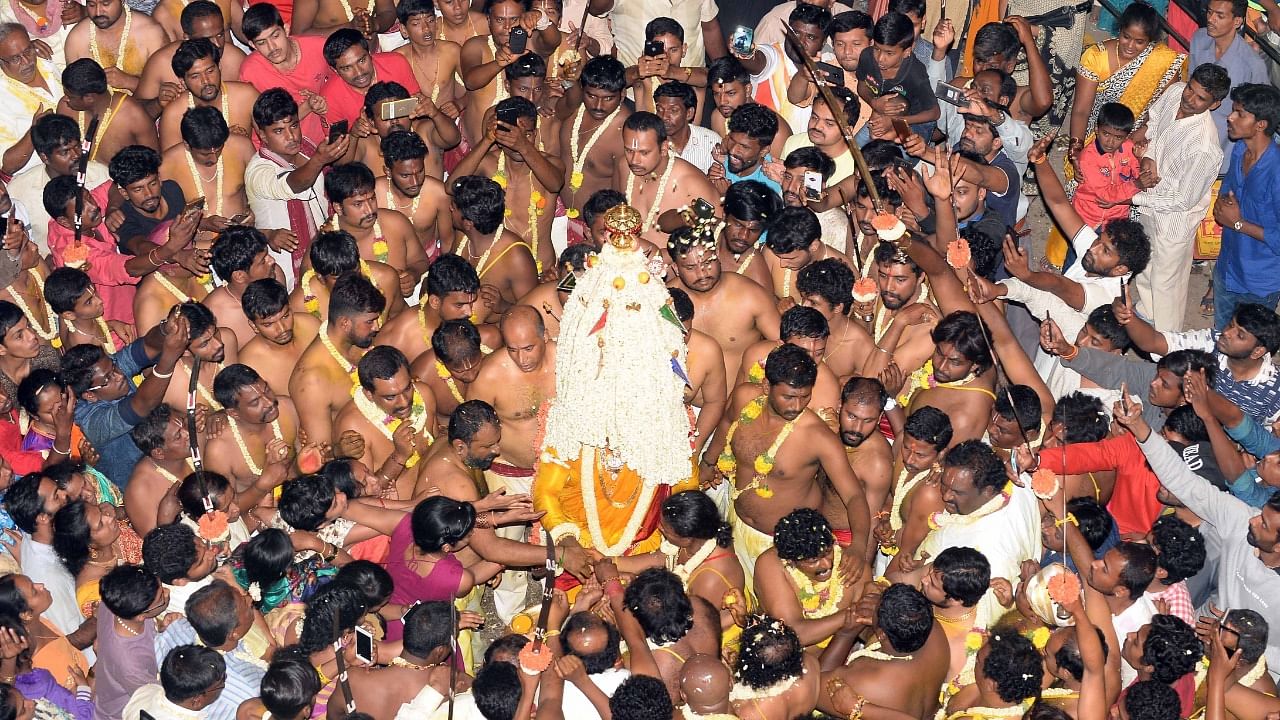 A file photo of Bengaluru's annual Karaga festival at the Dharmarayaswamy Temple in Tigalarpet. Credit: DH Photo