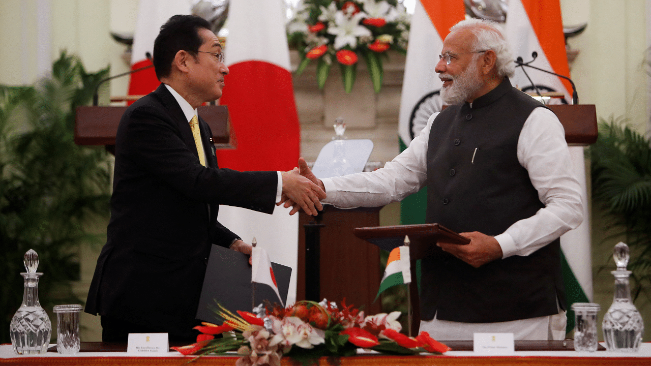 Japanese Prime Minister Fumio Kishida meets Indian Prime Minister Narendra Modi in New Delhi. Credit: Reuters Photo