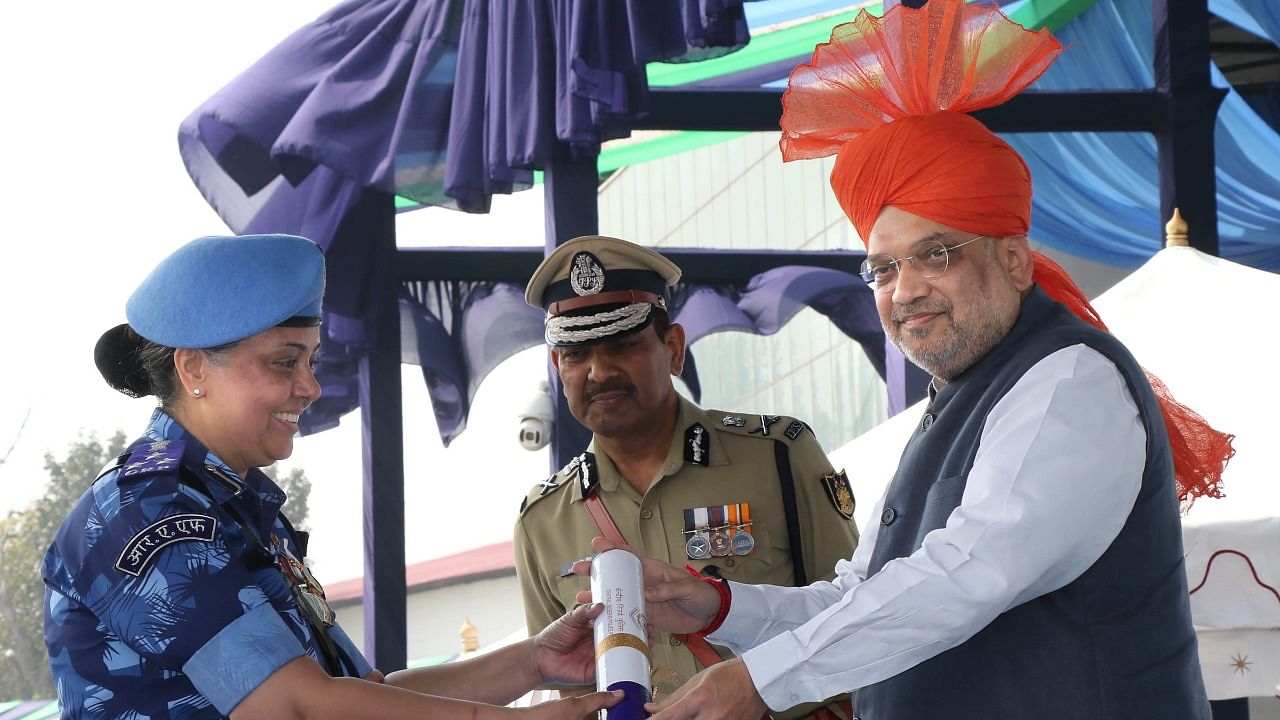 Union Home Minister Amit Shah during the 83rd CRPF day parade at the Maulana Azad Stadium, Jammu, Saturday, March 19, 2022. Credit: PTI Photo