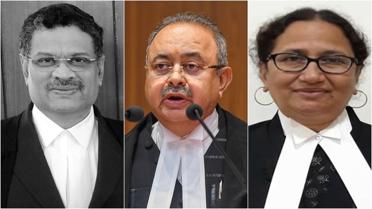 Chief Justice of the Karnataka High Court Ritu Raj Awasthi (C), Justices Krishna S. Dixit (L) and Jaibunnesa Mohiyuddin Khazi (R). Credit: DH Photos, Karnataka judiciary official website