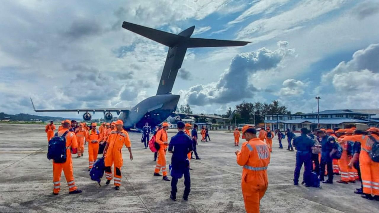 NDRF personnel airlifted to Andaman Nicobar Islands in view of Cyclone Asani, in Arakkonam. Credit: PTI Photo