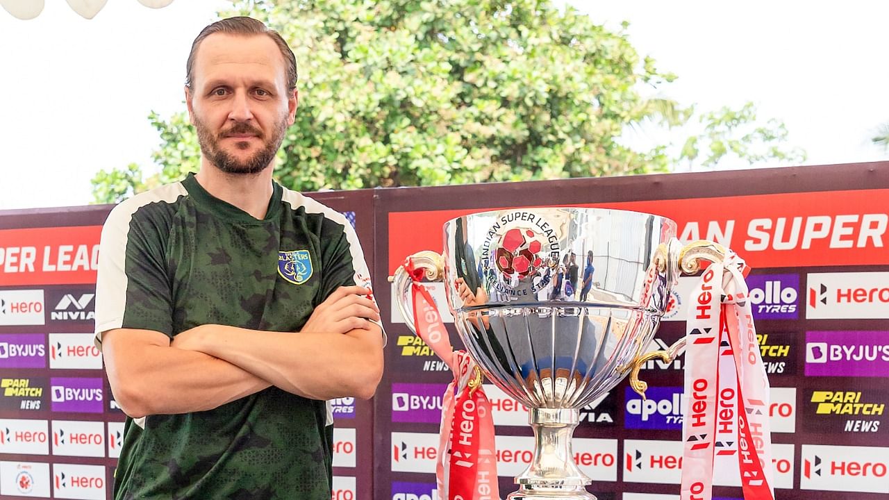 Kerala Blasters FC head coach Ivan Vukomanovic poses with the Indian Super League (ISL) trophy, during the pre-match press conference ahead of the final match of ISL between Kerala Blasters FC and Hyderabad FC, in Goa. Credit: PTI Photo