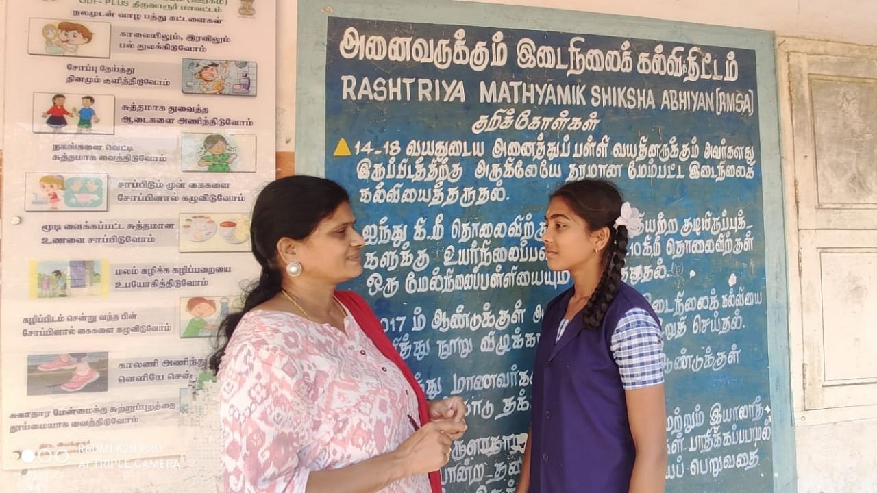 Priyadarshini, a student of Government Girls Higher Secondary School in Valangaiman, is no less than a star now in Tiruvarur district. Credit: Special Arrangement