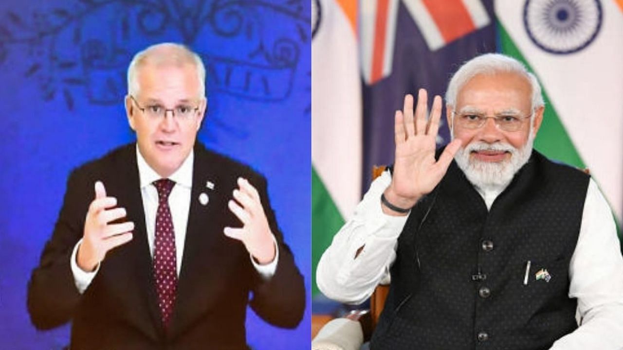 Prime Minister Narendra Modi gestures during the 2nd India-Australia virtual summit, Monday. Credit: PTI Photo