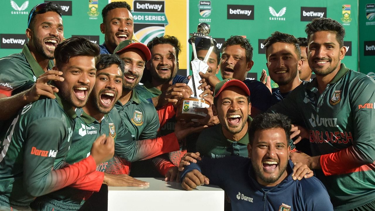 The Bangladesh team celebrate after winning the series between South Africa and Bangladesh at SuperSport Park in Centurion. Credit: AFP Photo