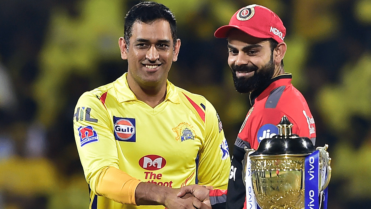 Skipper MS Dhoni of Chennai Super Kings and Skipper Virat Kohli of Royal Challengers Bangalore. Credit: PTI Photo