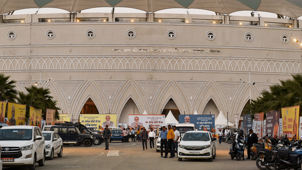 Preparations underway at Ekana Stadium for the oath taking ceremony of Uttar Pradesh Chief Minister Yogi Adityanath for the second term. Credit: PTI Photo